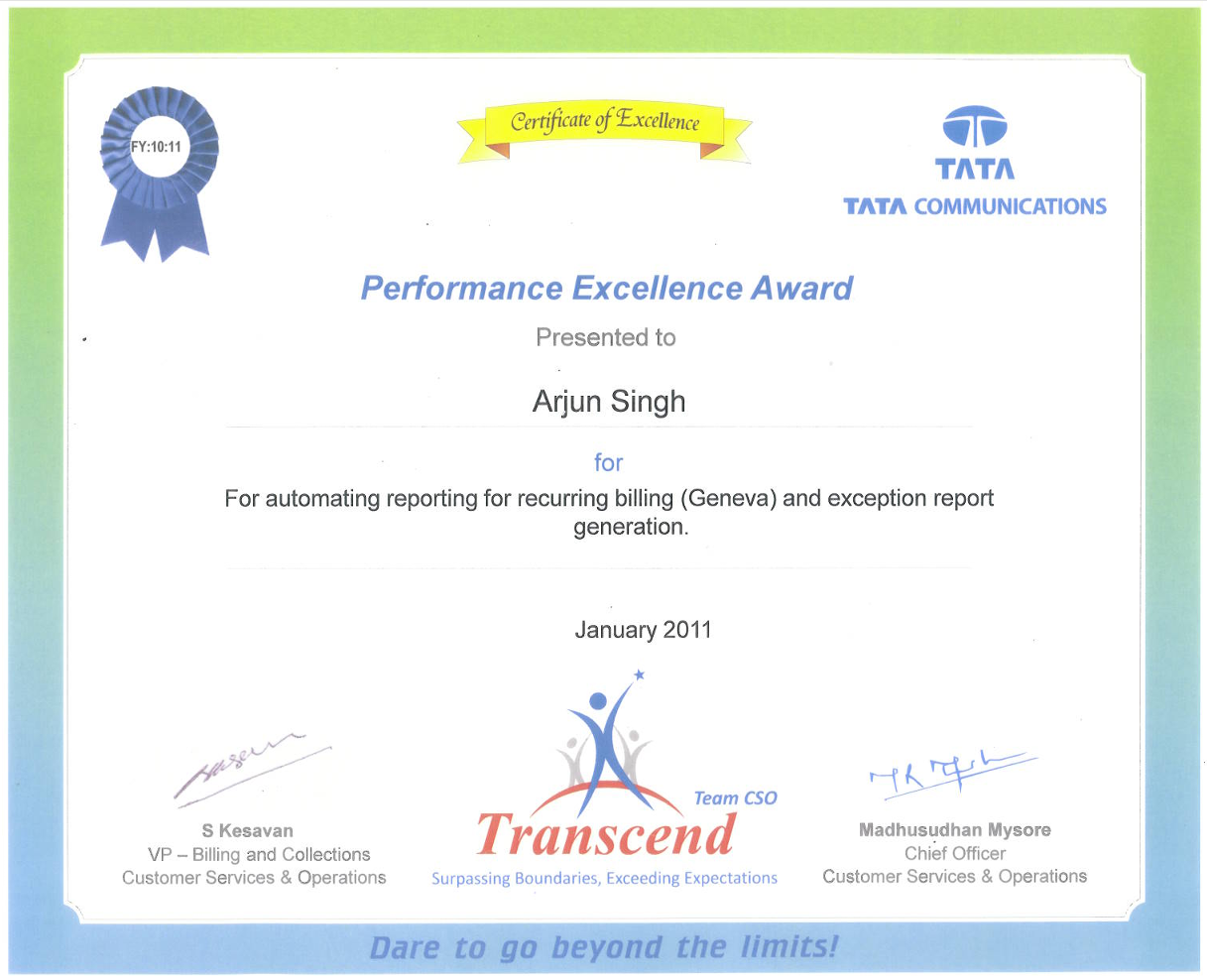 TCL Performance Excellence Award - January 2011