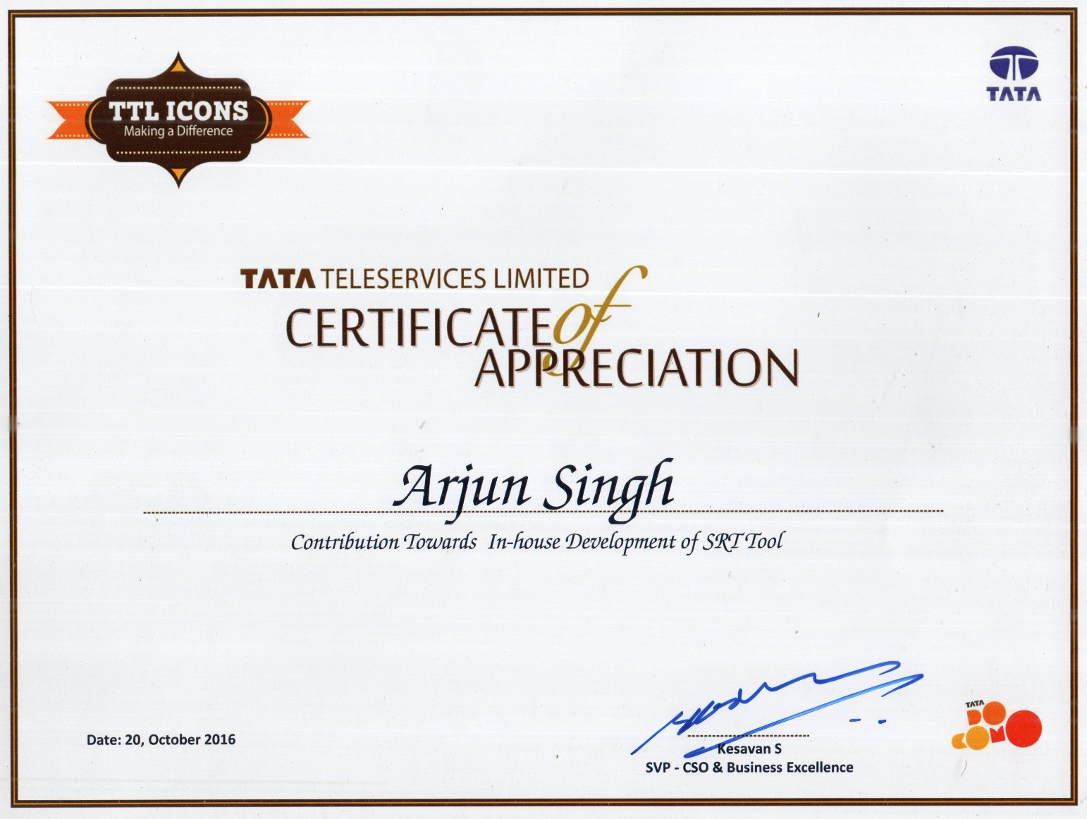 TTSL ICON Award - October 2016