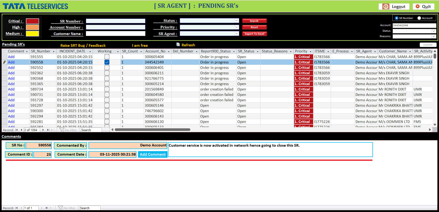 SR Agent Working View - Service request management interface