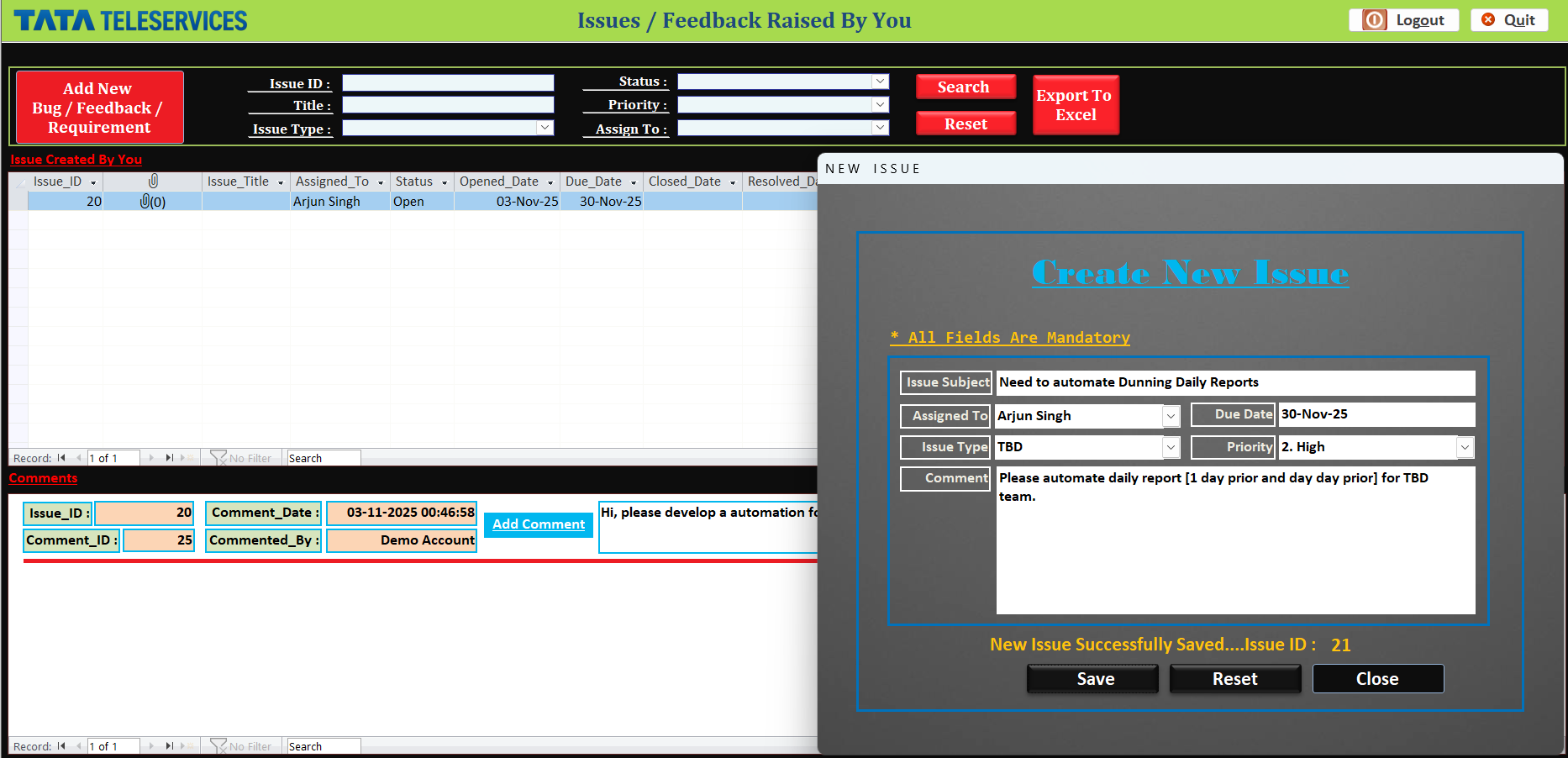 Bug Tracking - Internal issue reporting and resolution workflow